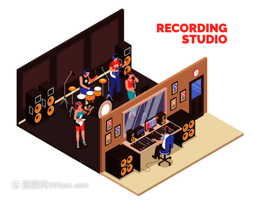 樂隊(duì)演奏樂器唱歌錄音室三維等距矢量插圖